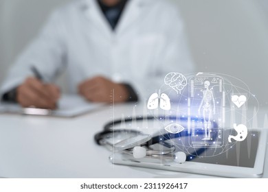 Electronic medical record on tablet technology, digital healthcare and network connection on modern future, Doctor diagnose digital patient record on virtual, health care, futuristic, diagnose - Shutterstock ID 2311926417