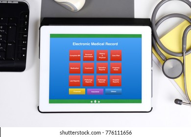 Electronic Medical Record System Show On Tablet Computer Screen On Workind Desk.