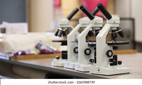 Electronic Microscope Series Arrangement Of Microscopes In The Science Classroom Lab Laboratory Museum. Science Biology Pathology Chemistry Forensic Medical Research Student School University Concept