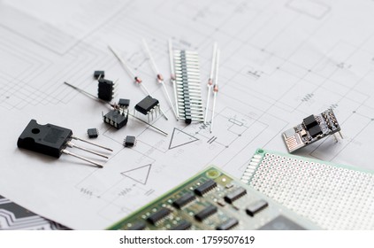 Electronic parts the background the schematic diagram  Diodes  microchips  transistors  integrated circuits  capacitors Design electronic circuit   electronic Board Connection diagram