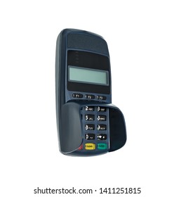 Electronic payment terminal. The case is made of blue plastic. Isolated on white.
