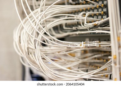 Electronic Signal Processing Devices In A Science Lab. Many Connected Cables In Sockets. Organised, Tidy Not Messy. Close Up Shot, No People