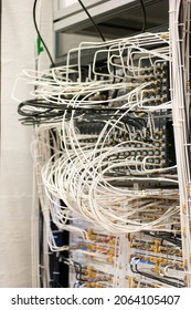 Electronic Signal Processing Devices In A Science Lab. Many Connected Cables In Sockets. Organised, Tidy Not Messy. Close Up Shot, No People