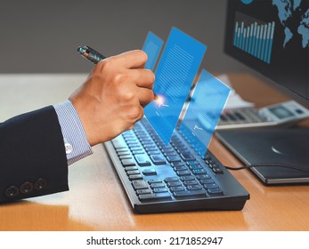 Electronic Signature. A Businessman Uses A Pen To Sign Electronic Documents On Digital Documents On A Virtual Screen. Technology, Document Management, And Paperless Office Concept. Mockup Signature