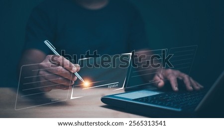 Similar – Image, Stock Photo Businessman using pen writing note book planning journal and analysis information statistics document on desk.