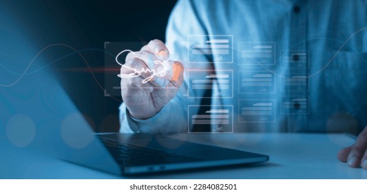 Electronic signature, e-document management Paperless workplace, e-signing, document management man signs an electronic document on a digital document on a virtual notebook screen using a stylus pen