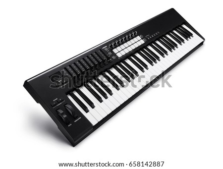 Electronic synthesizer (piano keyboard) isolated on white background with clipping path