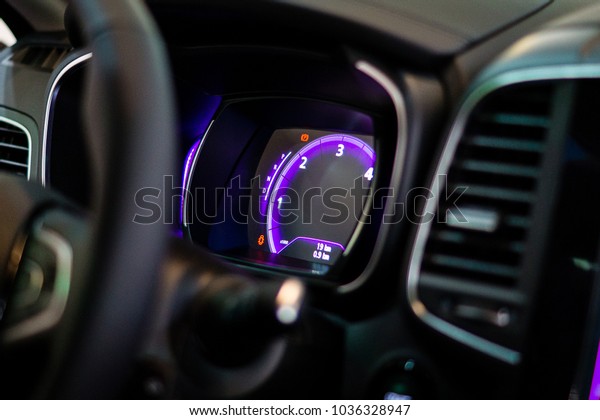 Electronic tachometer.\
Electronic speedometer. Digital dashboard in car. LED dashboard in\
automobile. 