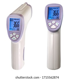 Electronic Thermometer Infrared Non-contact Digital Measurement Body Temperature Fahrenheit to Celsius. Home Use Portable Fever Thermometer Adult and Baby front side view isolated on white background