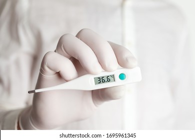 Electronic thermometer with normal temperature in the hands of the doctor in white gloves. Body temperature measurement. Close-up 