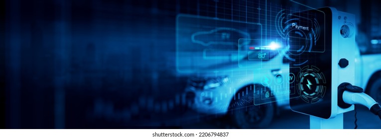 Electronic vehicle charging station control stop refuel point, hand pressing starting charge energy button, electric power EV car futuristic eco environmental friendly energy, blue banner background - Shutterstock ID 2206794837