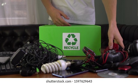 Electronic Waste, Also Called E-waste, Old Used Electric And Electronic Equipment. Recycling Box