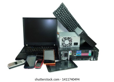 Electronic waste, gadgets electronic equipment for daily use, Laptop and Desktop computer and cell phones isolated on white background
