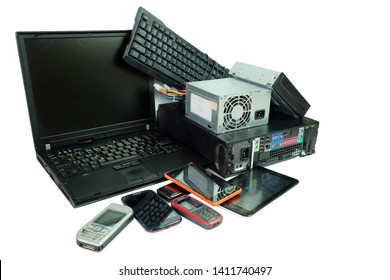 Electronic waste, gadgets electronic equipment for daily use, Laptop and Desktop computer and cell phones isolated on white background