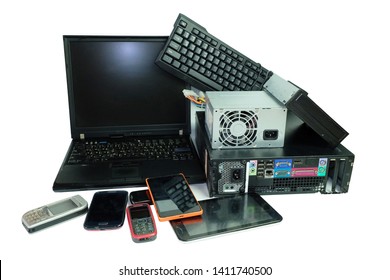 Electronic Waste, Gadgets Electronic Equipment For Daily Use, Laptop And Desktop Computer And Cell Phones Isolated On White Background