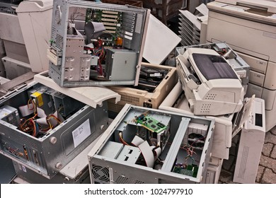 electronic waste: old computers, monitors and other devices to recycle