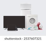 Electronics and appliance store shopping. Group of household appliances and electronic devices for the home and kitchen. Top deals and sales in supermarkets, malls and Online shopping offers banner