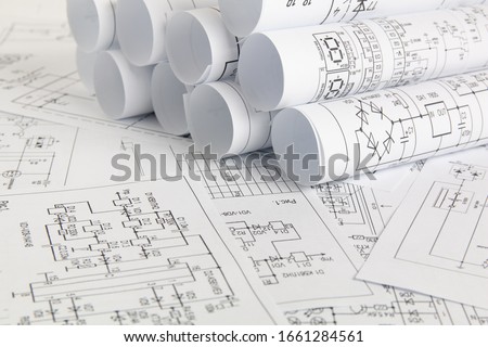 Electronics and Engineering. Printed drawings of electrical circuits.