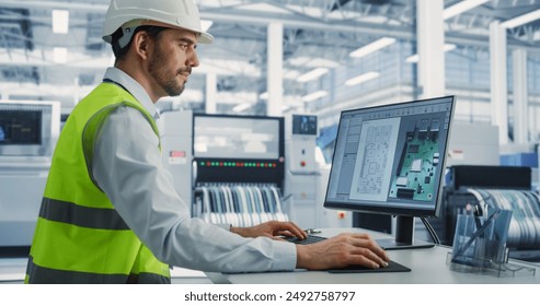 Electronics Factory: Caucasian Male Electrical Engineer Designs PCB Prototype, Works on Desktop Computer, uses CAD Software to Develop Microchips and Semiconductors. Modern Manufacturing Facility. - Powered by Shutterstock