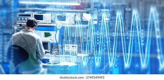Electronics laboratory. Engineer tests circuit board with measuring instruments at workbench, analyzing signals and developing electronic devices in research environment.