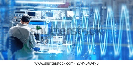 Electronics laboratory. Engineer tests circuit board with measuring instruments at workbench, analyzing signals and developing electronic devices in research environment.