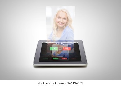 electronics, technology, advertisement and modern gadget concept - close up of tablet pc computer with incoming call from woman on screen over gray background