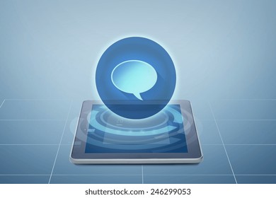 electronics, technology and communication concept - tablet pc computer with virtual message icon above screen over blue background