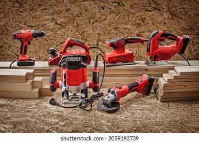 Electrric Hand Tools Set On Background Of Plywood. - Powered by Shutterstock