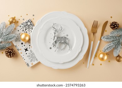 Elegance meets festivity on this Christmas table. Top view flat lay of plates, cutlery, xmas balls, silver deer, ornament towel, frost twigs, cones, confetti on beige background with promo space - Powered by Shutterstock