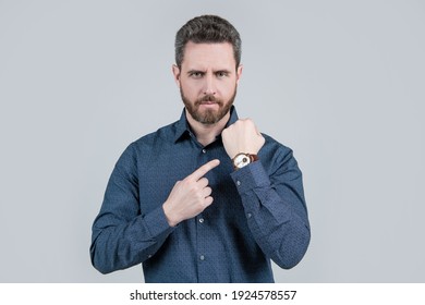 The Elegance Of Punctuality. Bearded Man Point At Wristwatch. Punctuality Concept. Business Time. Deadline. Timekeeping. Accurate Time, Accurate Watch.