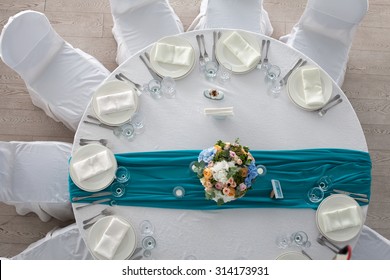 Elegance table set up for wedding in turquoise top view