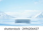 Elegant 3D Render of Podium on Water with Ocean and Ice Mountain Scenery for Cosmetic Product Display