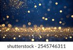 Elegant abstract background with dark blue and gold particles, Christmas golden light bokeh on navy blue, gold foil texture for holiday themes