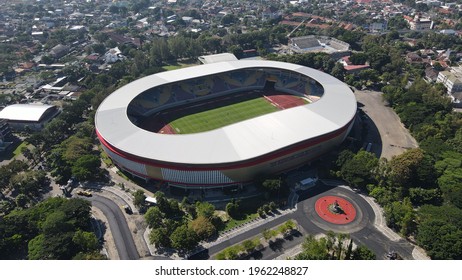 The elegant aerial view, football field, Manahan stadium, Solo. : Solo, Indonesia - 23 April 2021..