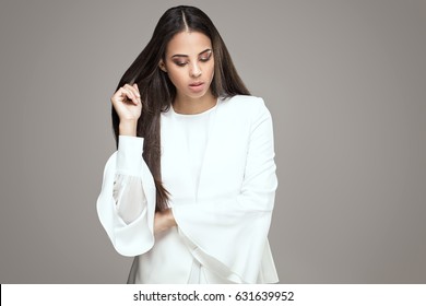 Elegant African American Woman With Long Hair And Glamour Makeup.