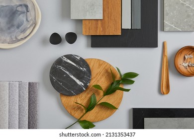 Elegant architect moodboard flat lay composition in light grey, black and brown color palette with textile and paint samples, wooden panels and marble tile. Top view. Copy space. Template. - Shutterstock ID 2131353437