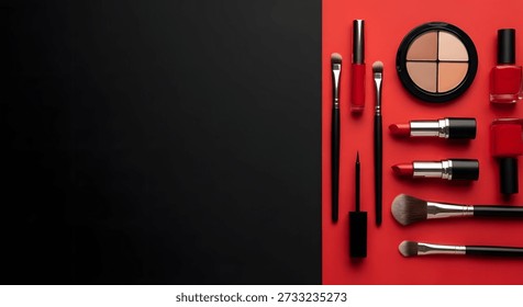 Elegant array of cosmetics: vibrant red lipsticks, versatile brushes, foundation compact, and matching nail polishes. Ideal for beauty advertisements.