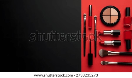 Elegant array of cosmetics: vibrant red lipsticks, versatile brushes, foundation compact, and matching nail polishes. Ideal for beauty advertisements.