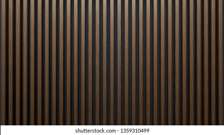 Elegant Background Of Wooden Slats Over Dark Wall. Mahogany Sheets.