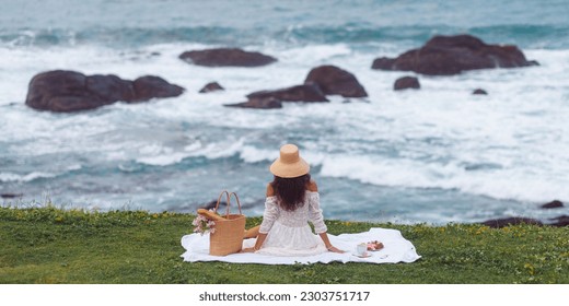 Elegant Beach Picnic for One Woman During Sea Vacation - Powered by Shutterstock