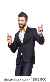 Elegant Bearded Man In Suit, Bow Tie With Thumb Up