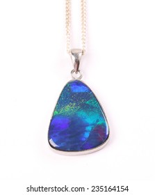 Elegant Beautiful Jewelry Single Opal Stone Pendant In Sterling Silver Isolated On White