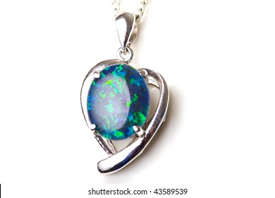 Elegant Beautiful Jewelry Single Opal Stone Pendant In Sterling Silver Heart Shape Setting Isolated