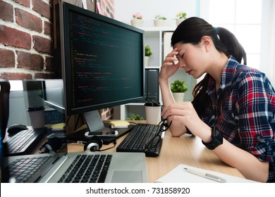 Elegant Beauty Female Programmer Looking At Computer Working Long Time Feeling Tired And Getting Headache Take Off Glasses Resting.