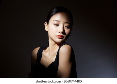 Elegant Beauty Portrait Of A Young Asian Woman In Light And Shadow