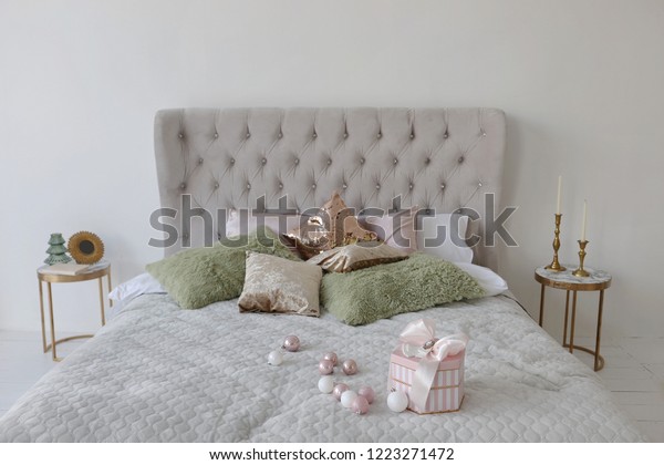 Elegant Bed Green Gold Pillows Bedroom Interiors Objects