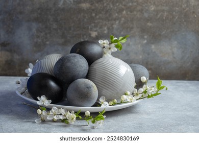 Elegant Black and gray Decorative Eggs with cherry blossom branch - Powered by Shutterstock