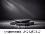 Elegant black stand or podium, scene with black stone and black background. Beautiful black background with place for the product. Elegant dark background.