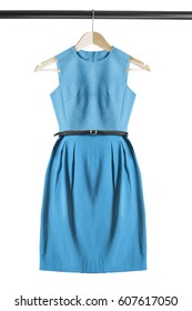 Elegant Blue Sleeveless Dress On Wooden Clothes Rack Isolated Over White