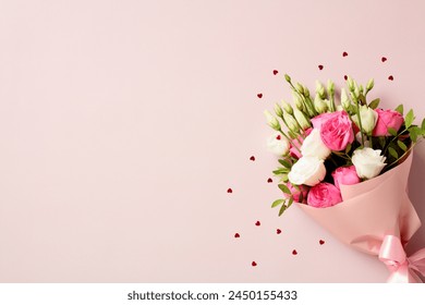 Elegant bouquet of flowers on pink background with space for text. Happy Mother's Day, International womens day, birthday banner template.